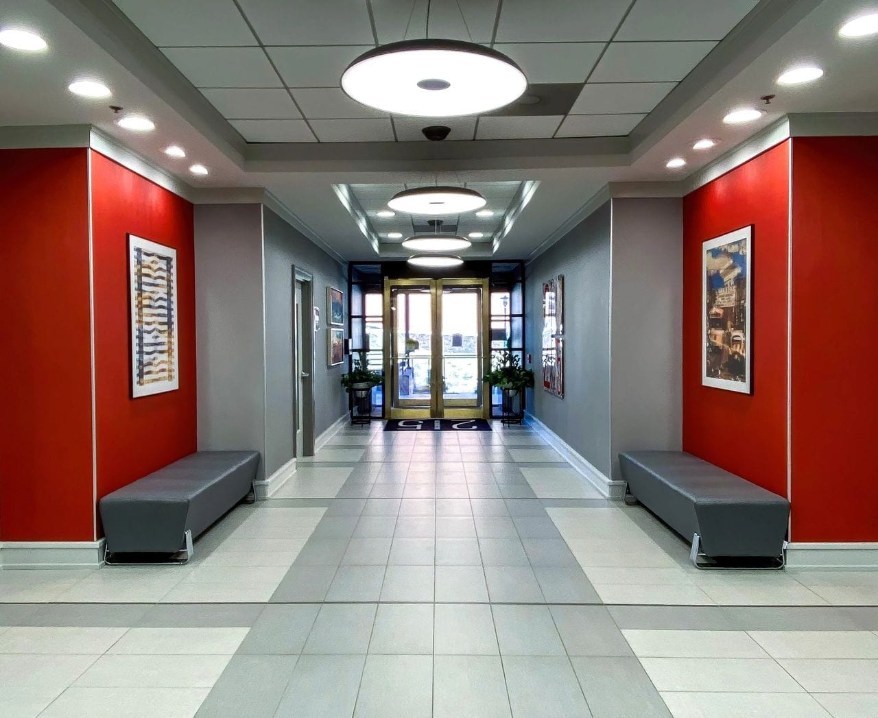 building entrance with red and gray walls